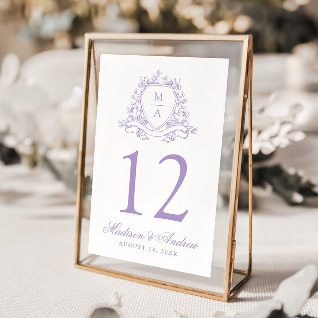 Elegant Lavender Blommigt Vapensköld Monogram Bröl Bordsnummer (Skapare uppladdad)