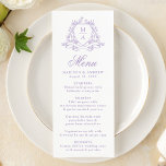 Elegant Lavender Blommigt Vapensköld Monogram Bröl Meny<br><div class="desc">Skapa en romantisk atmosfär vid mottagningen med den här charmerande lavender-menyn i bröllop. Med en delikat lavendelfärgad vapensköld runt parets monogram trycks denna blommigt på en klassisk vit bakgrund. "Menu" är skriven i mjuk lavender-kalligrafi, följt av anpassadet för parets namn, bröllop-datum och menyval. Ett underbart sätt att hantera teman om...</div>