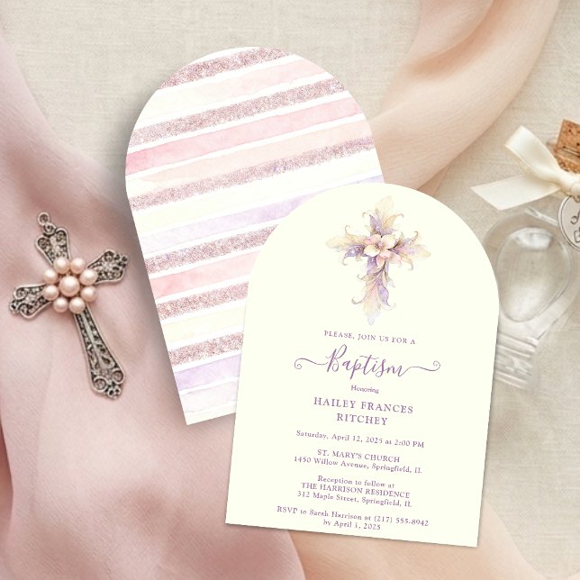 Elegant Lavender Blooms Cross Christian Baptism Inbjudningar (Elegant Lavender Blooms Floral Cross Christian Invitation Card Design. )