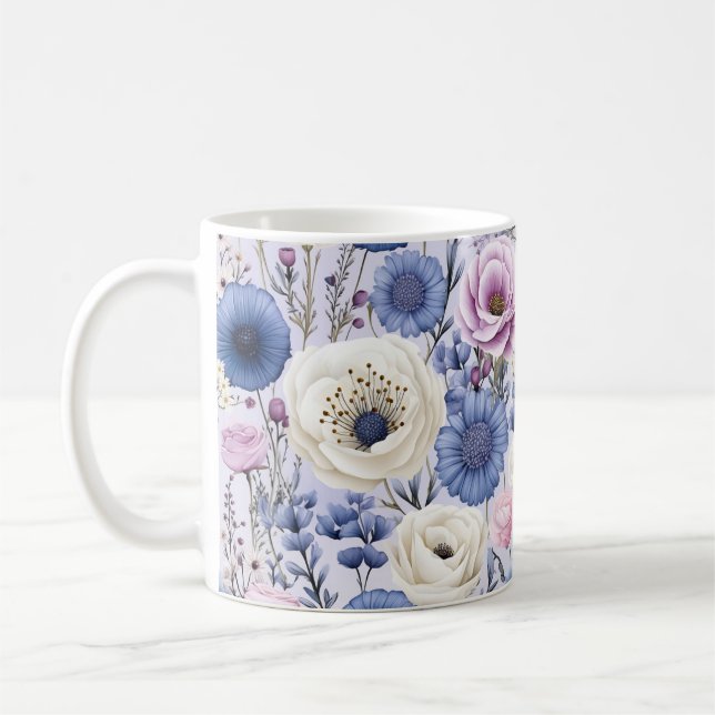 Elegant Lavender Blue White Blomsterträdgård Blomm Kaffemugg (Vänster)