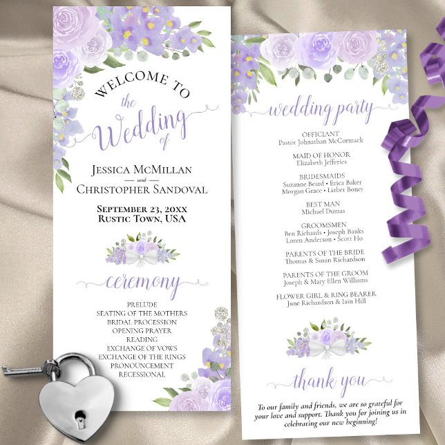 Elegant Lavender Boho Watercolor Blommigt Bröllop Program (Front/Back)