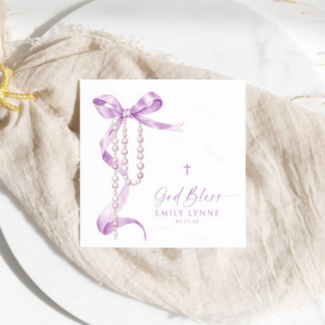 Elegant Lavender Bow & Rosary Baptism Pappersservett (Skapare uppladdad)