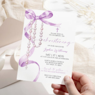 Elegant Lavender Bow & Rosary Christening Inbjudningar