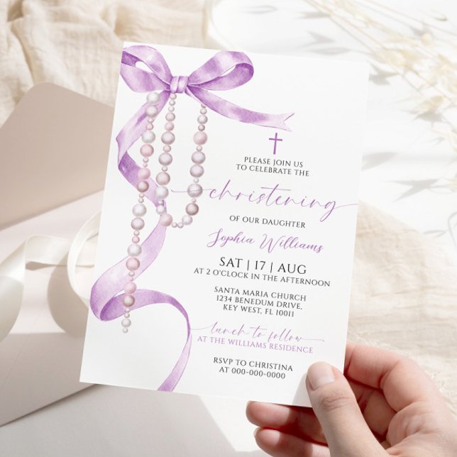 Elegant Lavender Bow & Rosary Christening Inbjudningar (Skapare uppladdad)