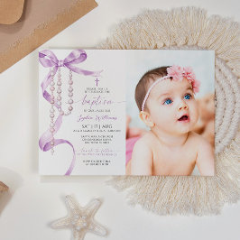 Elegant Lavender Bow & Rosary Photo Baptism Inbjudningar