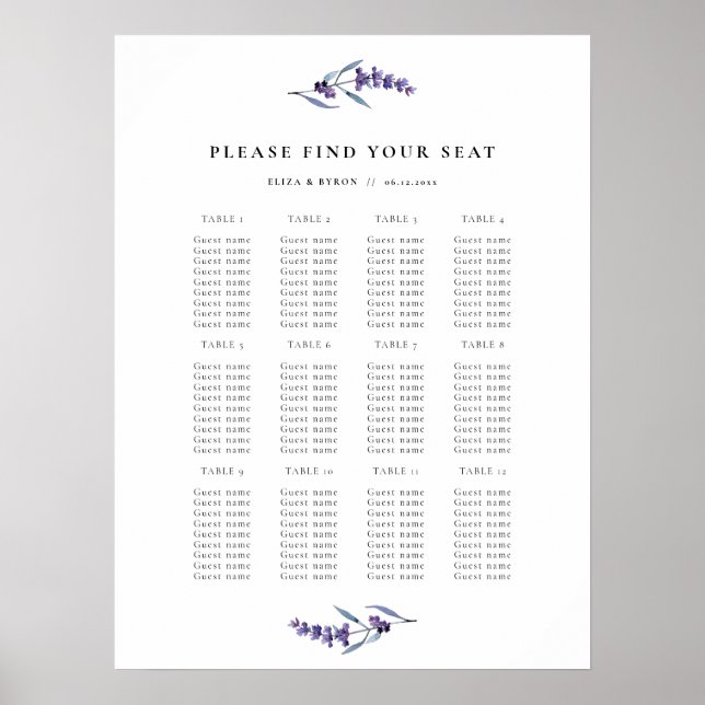 Elegant Lavender Bröllop Bord, sittdiagram Poster (Framsidan)