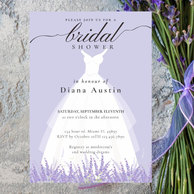 Elegant Lavender Bröllop Dress Möhippa Inbjudningar (Elegant Calligraphy Lavender Lilac Bridal Shower I Invitation)