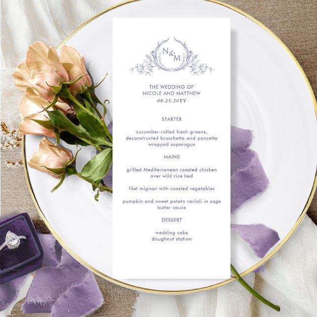 Elegant Lavender Bröllop Menu med Monogram Meny (Skapare uppladdad)