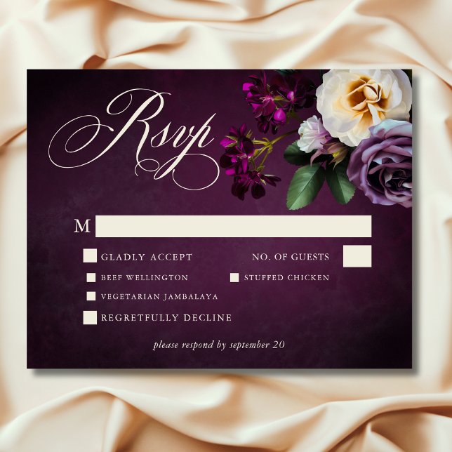Elegant Lavender & Burgundy Blommigt  Bröllop OSA Kort (Elegant Lavender & Burgundy Floral Script Wedding Dinner RSVP)