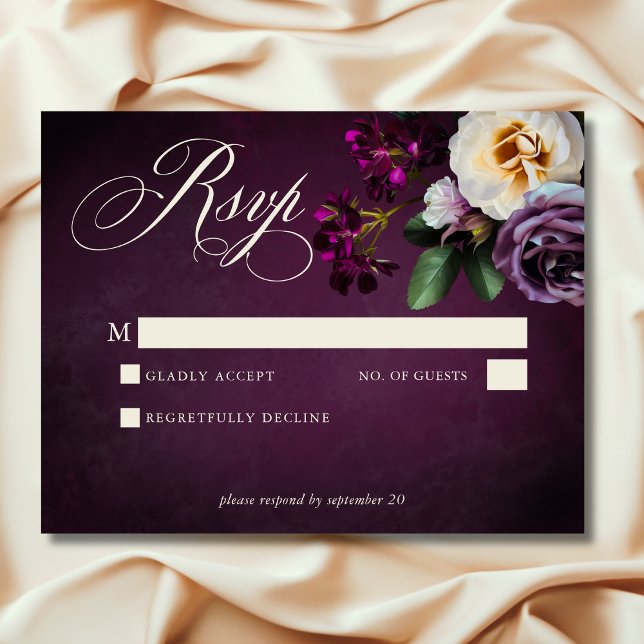 Elegant Lavender & Burgundy Blommigt  Bröllop OSA Kort (Elegant Lavender & Burgundy Floral Script Wedding RSVP)