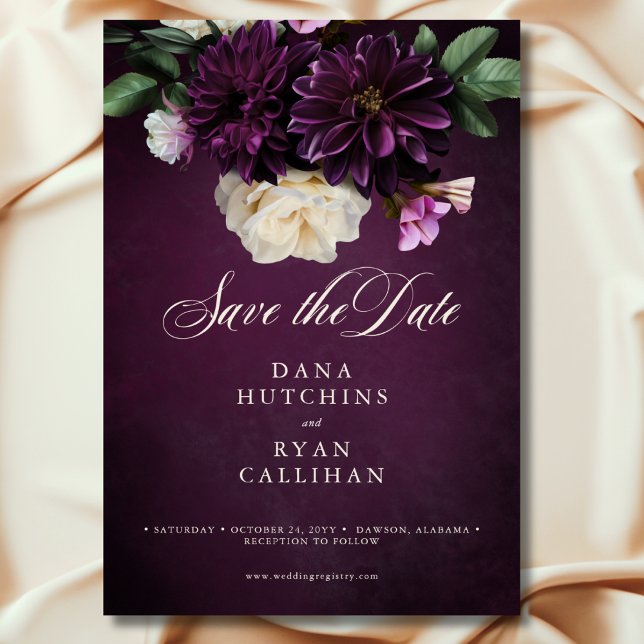 Elegant Lavender & Burgundy Blommigt  Bröllop Spara Datumet (Elegant Lavender & Burgundy Floral Script Wedding Save the Date)