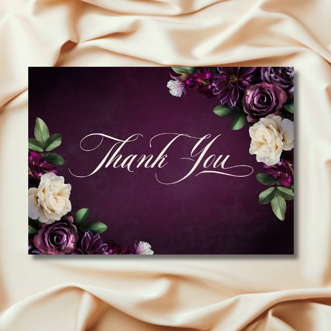Elegant Lavender & Burgundy Blommigt  Bröllop Tack Kort (Elegant Lavender & Burgundy Floral Script Wedding Thank You Card)