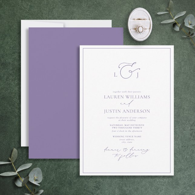 Elegant Lavender Calligraphy Monogram Bröllop Inbjudningar (Skapare uppladdad)