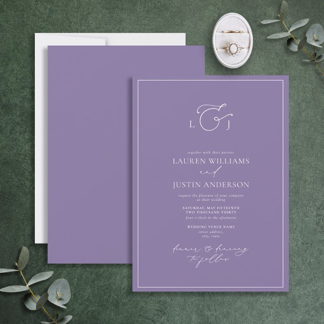 Elegant Lavender Calligraphy Monogram Bröllop Inbjudningar (Skapare uppladdad)