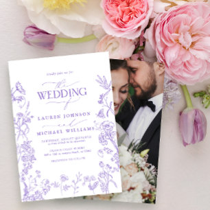 Elegant Lavender Chinoiserie Blommigt Photo Bröllo Inbjudningar