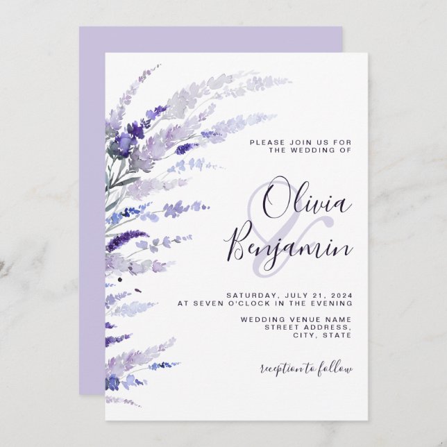 Elegant Lavender Dusty Lila Blommigt Lilac Bröllop Inbjudningar (Fram/baksida)