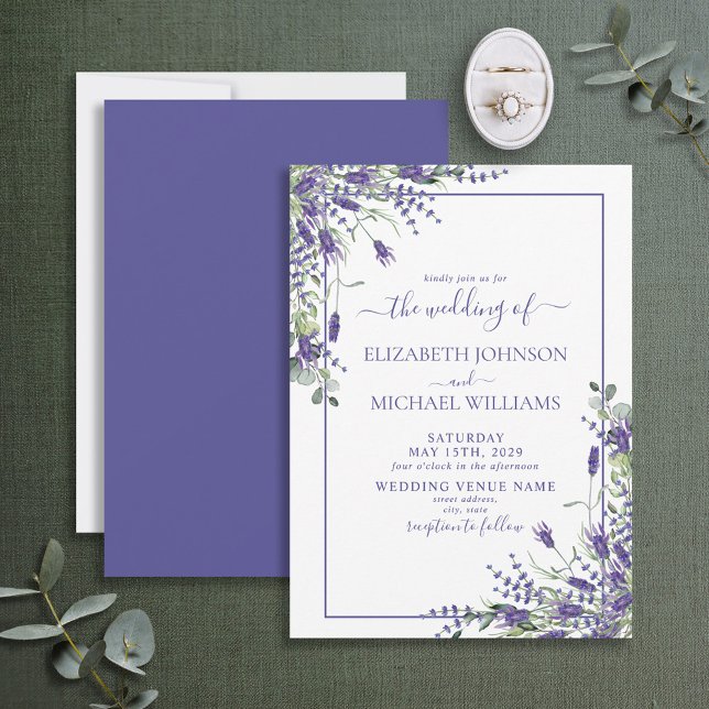 Elegant Lavender Eucalyptus Blommigt Script Bröllo Inbjudningar (Skapare uppladdad)