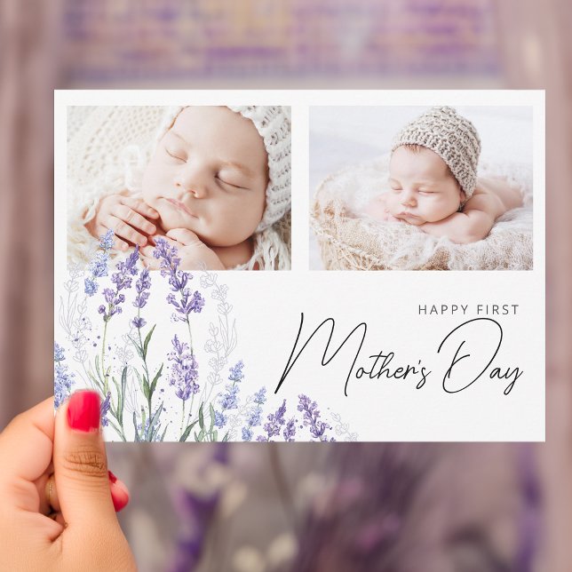 Elegant Lavender First Mother's Day 2 Photos Flat Kort (Elegant Lavender First Mother's Day 2 Photos Flat Card)