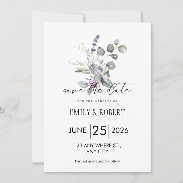 Elegant Lavender Floral Minimalist Save the Date (Framsida)