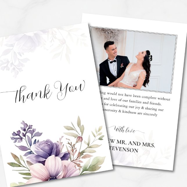 Elegant Lavender Floral Photo Wedding Thank You  Tack Kort (Skapare uppladdad)