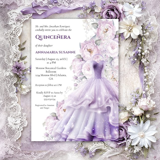 Elegant Lavender Floral Quinceañera Ball Gown |  Inbjudningar (Skapare uppladdad)