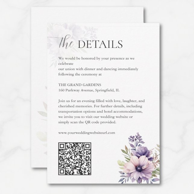Elegant Lavender Floral Wedding Details QR Code  Tilläggskort (Skapare uppladdad)