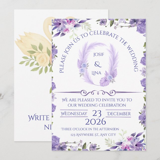 Elegant Lavender Floral Wedding Invitation Inbjudningar (Fram/baksida)