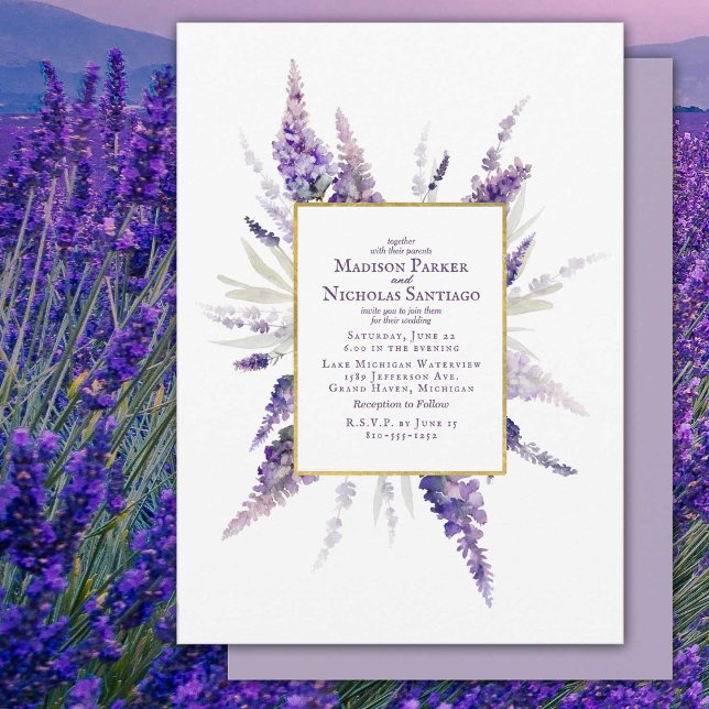 Elegant Lavender Flowers Blommigt Watercolor Bröll Inbjudningar (Watercolor Lavender under a faux gold foil frame on this beautiful wedding invitation.)