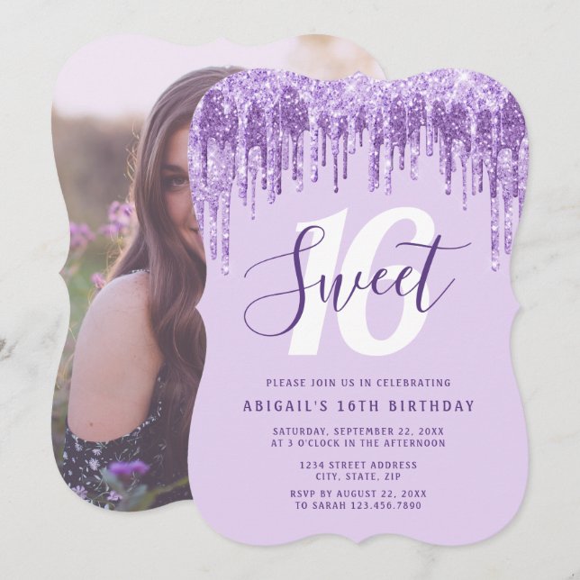 Elegant lavender glitter droppar sweet sixteen inbjudningar (Fram/baksida)