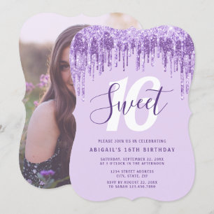 Elegant lavender glitter droppar sweet sixteen inbjudningar