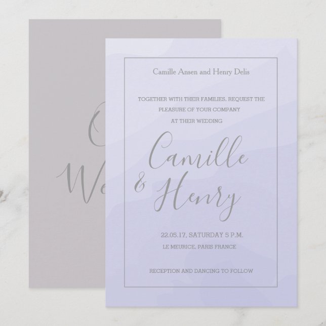 Elegant lavender grått vattenfärg bröllop inbjudningar (Fram/baksida)