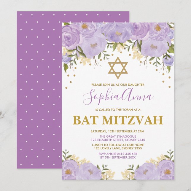 Elegant Lavender & Guld Blommigt Bat mitzvah Inbjudningar (Fram/baksida)