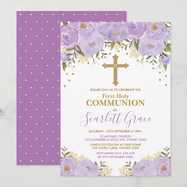Elegant Lavender & Guld Blommigt Heliga Communion Inbjudningar (Fram/baksida)