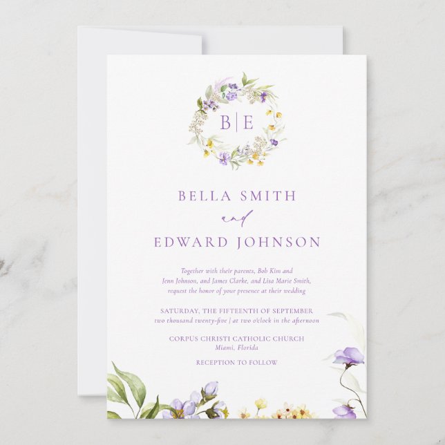 Elegant Lavender & Gult Blommigt Monogram Bröllop Inbjudningar (Framsida)