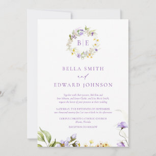 Elegant Lavender & Gult Blommigt Monogram Bröllop Inbjudningar