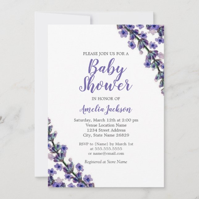 Elegant Lavender Lila Baby Shower-inbjudan Inbjudningar (Framsida)