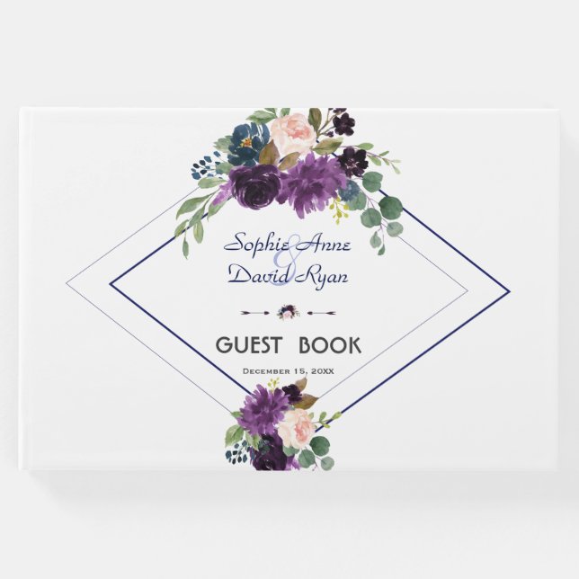 Elegant Lavender Lila Blommigt Navy Blue Bröllop Gästböcker (Framsida)