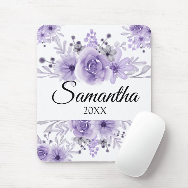 Elegant Lavender Lila Blommigt Vattenfärg Musmatta (Med mus)