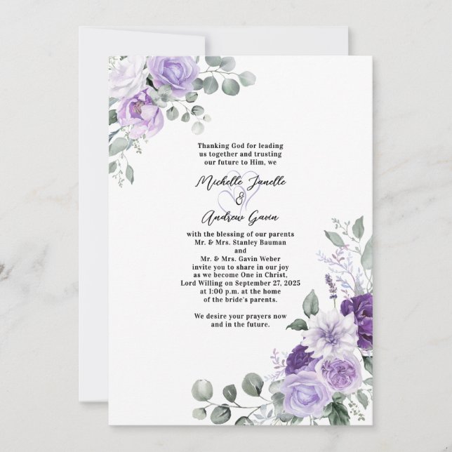 Elegant Lavender Lila Blommigt Watercolor Bröllop Inbjudningar (Framsida)