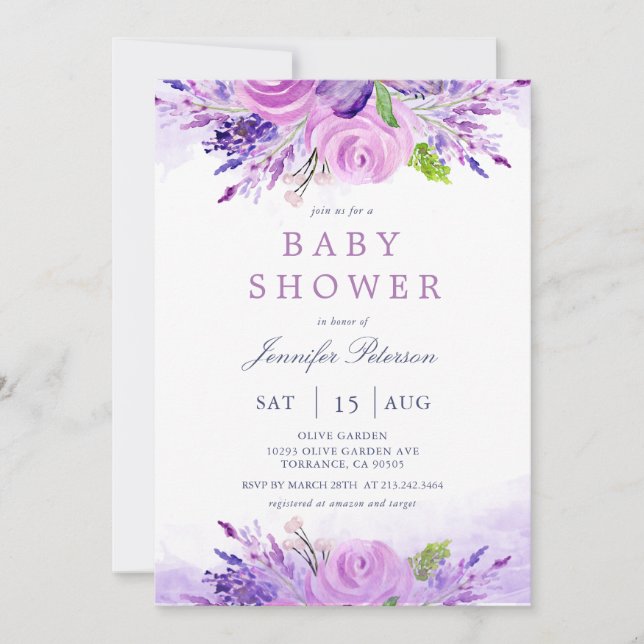Elegant Lavender Lila blommor Baby Shower Inbjudningar (Framsida)