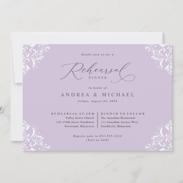 Elegant Lavender Lila Bröllop Rehearsal Dinner Inbjudningar (Framsida)