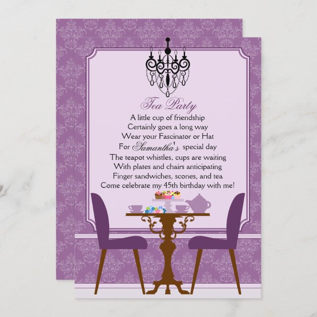 Elegant Lavender Lila Damask Birthday Tea Party Inbjudningar (Fram/baksida)