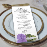 Elegant Lavender Lila Ro Reflection Bröllop Meny<br><div class="desc">Den här vackra menyn kommer att lägga lite stil till ditt bröllopsmottagande. Den har en vacker och romantisk utformning med en enda lätt lila eller en lavender färgad ro som ljuger på sidan och reflekterar i ett bassäng i vatten med vinkara och krusande föremål. Det finns utrymme för namn från...</div>