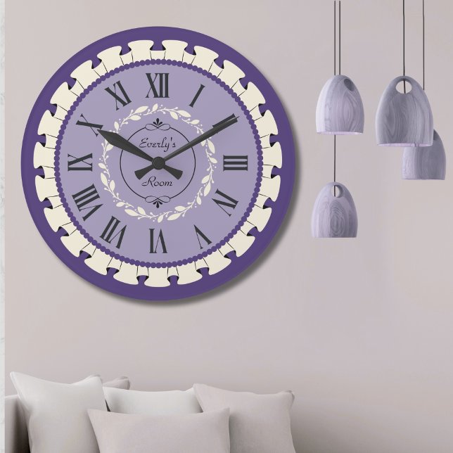 Elegant Lavender Lila Vintage-spärr Stor Klocka (Elegant Lavendar Purple Vintage Wall Clock)