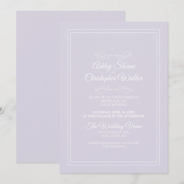 Elegant Lavender Lila White Bröllop Inbjudningar (Fram/baksida)