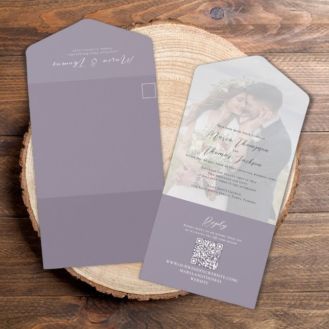 Elegant Lavender Lilac Calligraphy Photo (Elegant lilac lavender all in one photo wedding invitation with QR Code)