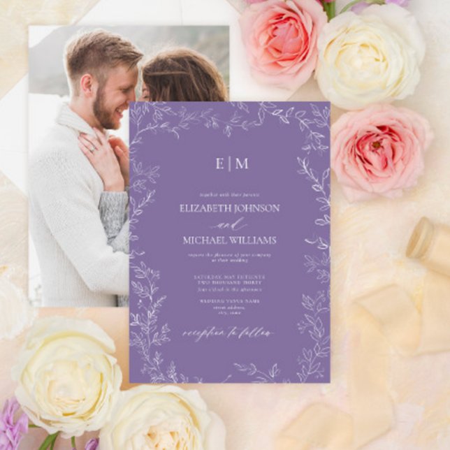 Elegant Lavender Löv Photo Monogram Bröllop Inbjudningar (Skapare uppladdad)
