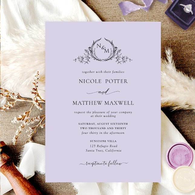 Elegant Lavender Monogram Bröllop Inbjudningar (Skapare uppladdad)
