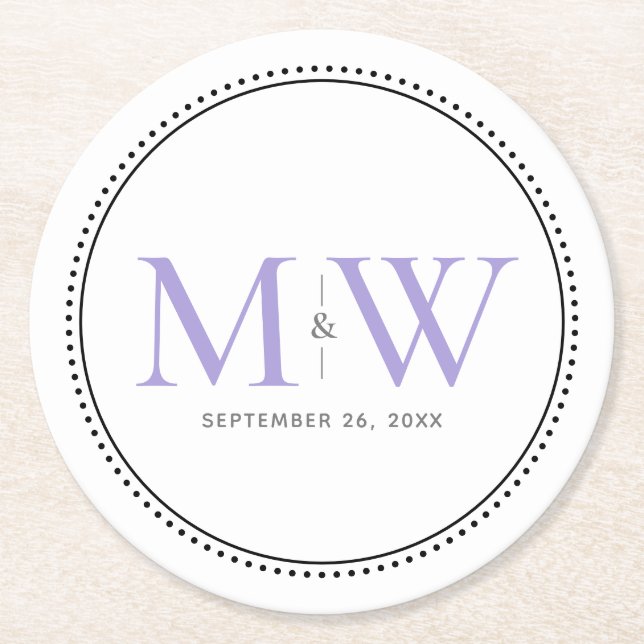 Elegant Lavender Monogram Bröllop Underlägg Papper Rund (Framsidan)