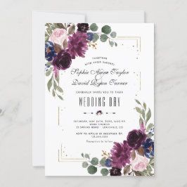 Elegant Lavender Navy Blue Blommigt Guld Bröllop Inbjudningar